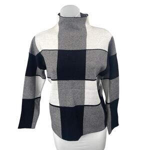NEW Tahari Black White Plaid Checkered Funnel-Neck Long Sleeve Sweater Top Sz M